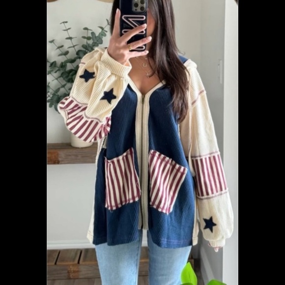 New POL Patriotic Patchwork Star Zip Up Hoodie with Stripes - Picture 6 of 7